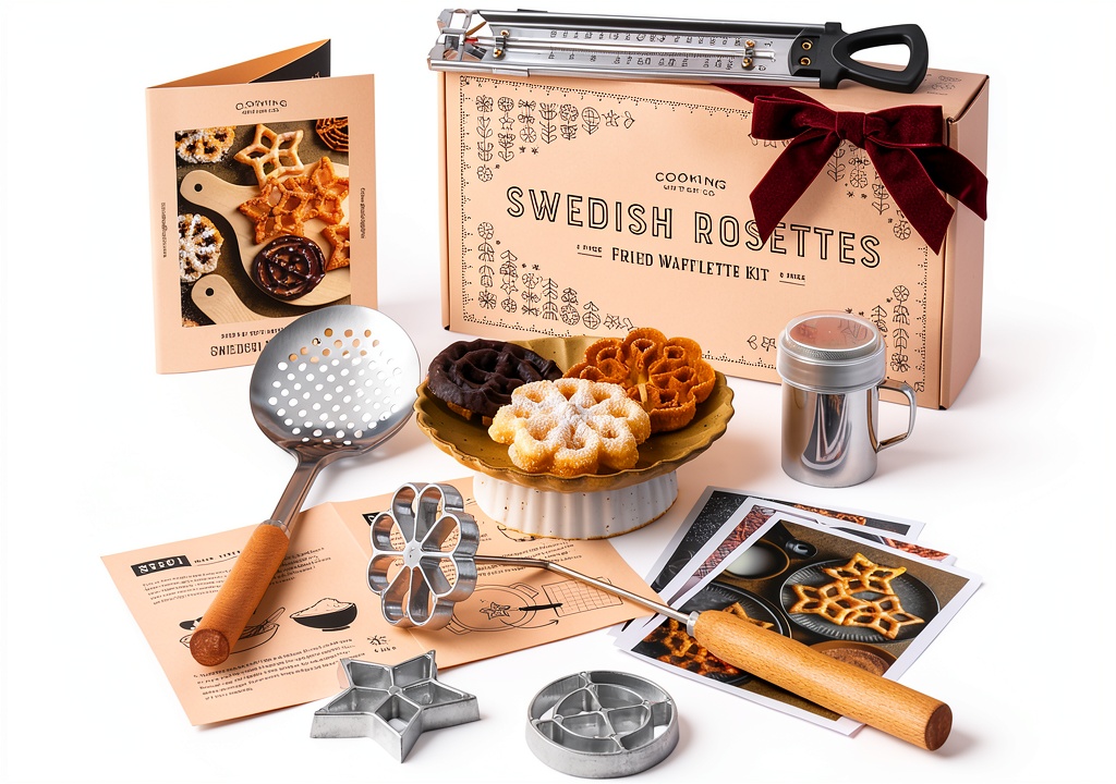 Cooking Gift Set Rosette Iron Non‑Stick Baking Tools displayed on a wooden kitchen counter with fresh rosette cookies beside it