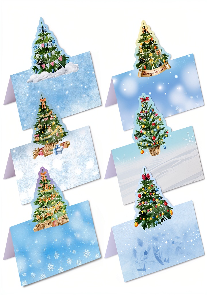 Installing Ceiba Tree Christmas Place Cards White Watercolor Design on a wooden desk