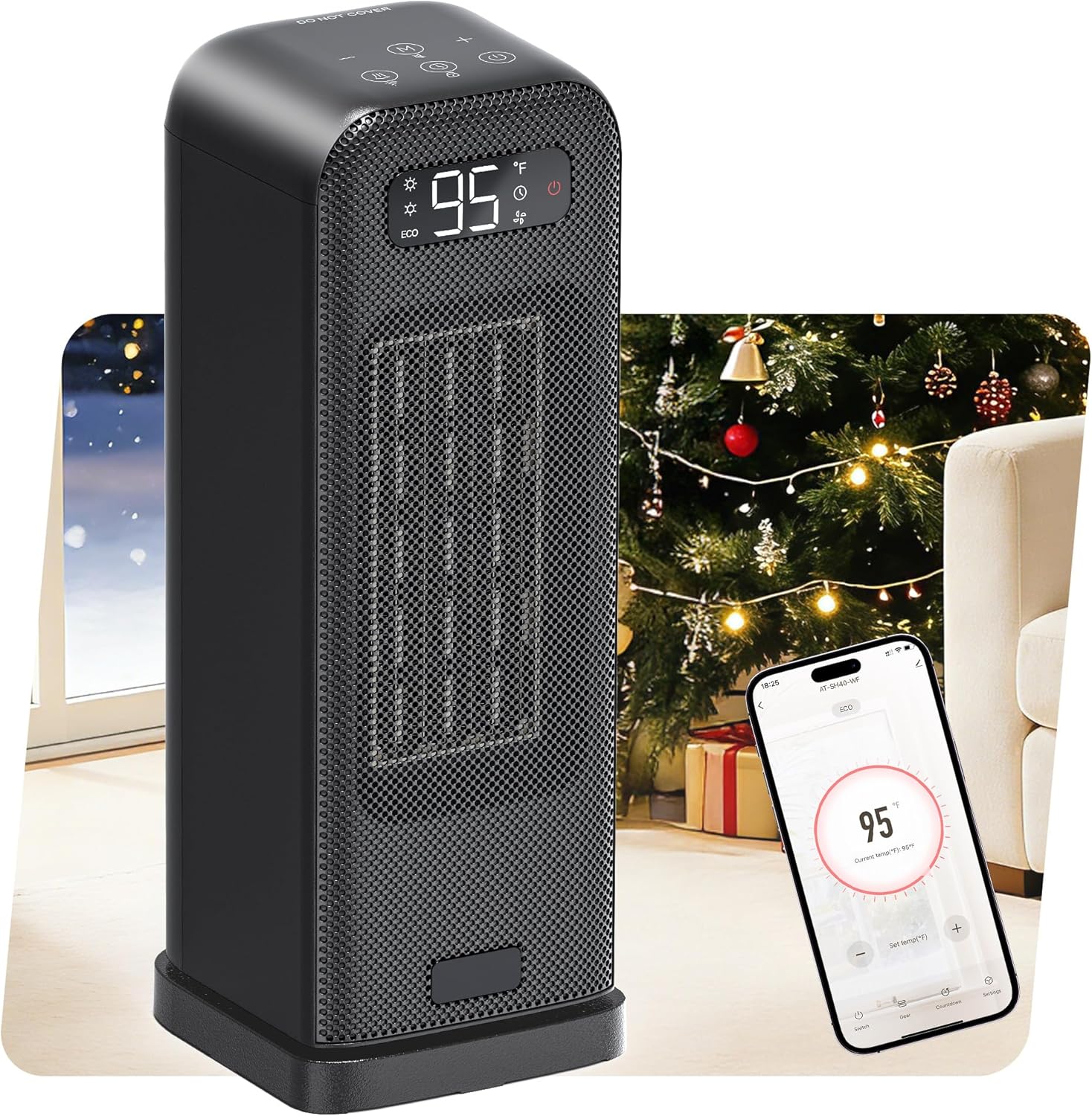 MORENTO smart Wi-Fi tower heater in a modern living room setting