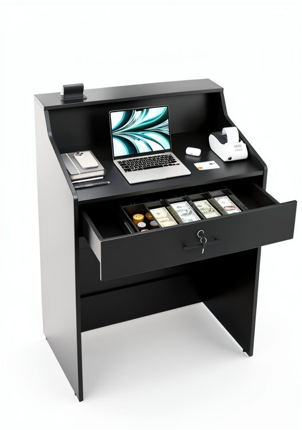 AGATEO Reception Desk Modern Black Lockable Drawer Office-2