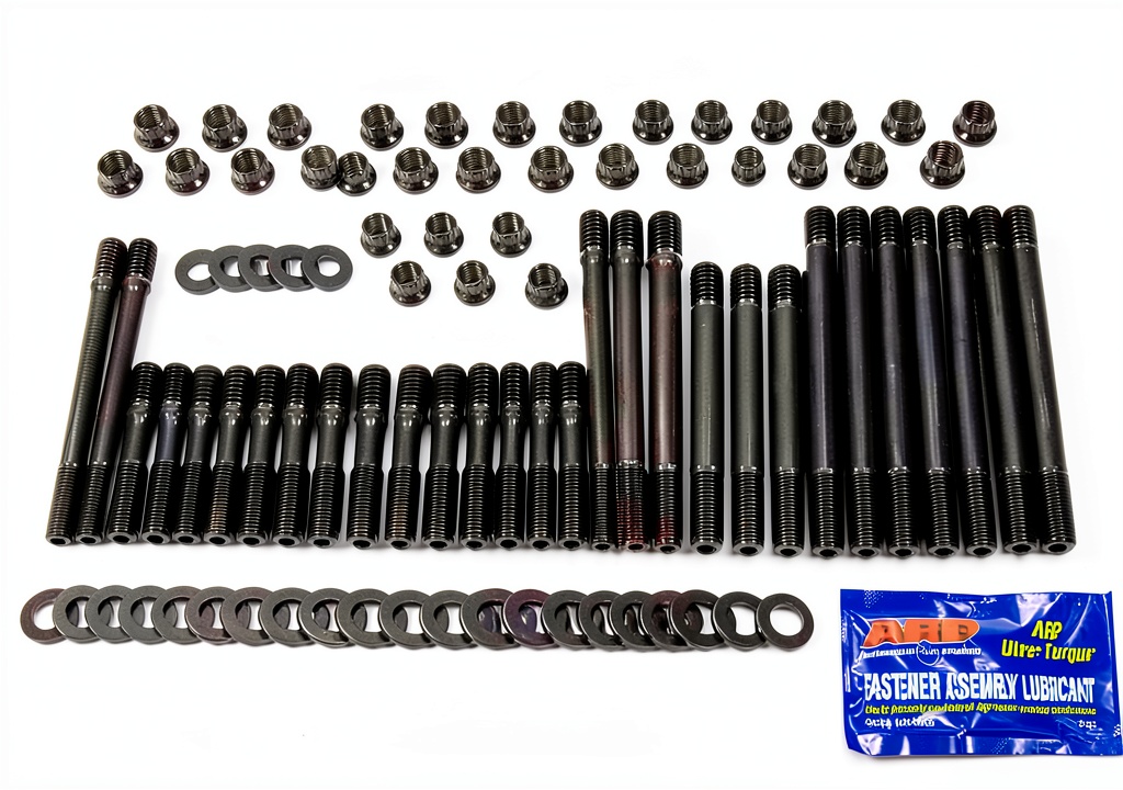 Installing ARP 3/8 inch alloy steel flat head stud bolt kit Model 234-4721 High on a garage workbench